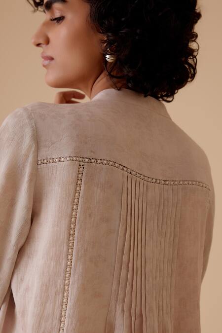 Bunka_Beige Cotton Embroidery Round Neck Designer Short Dress _Online_at_Aza_Fashions