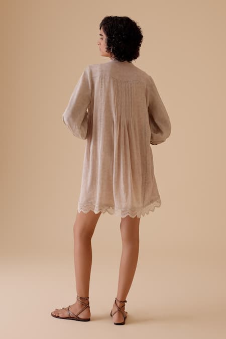 Shop_Bunka_Beige Cotton Embroidery Round Neck Designer Short Dress _at_Aza_Fashions
