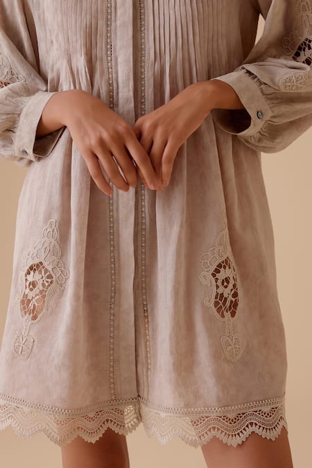 Buy_Bunka_Beige Cotton Embroidery Round Neck Designer Short Dress _Online_at_Aza_Fashions