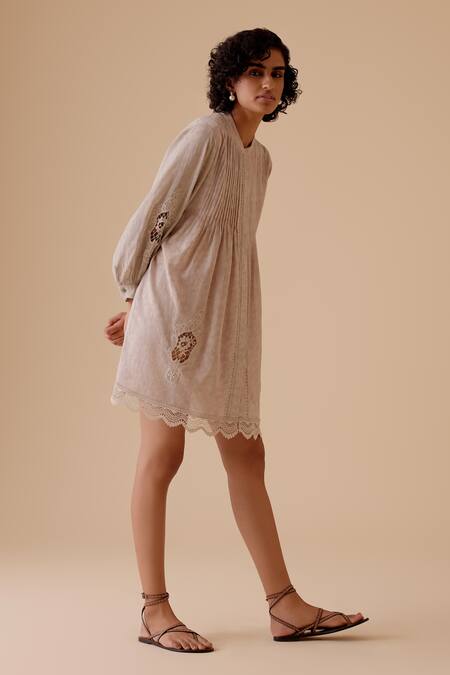 Shop_Bunka_Beige Cotton Embroidery Round Neck Designer Short Dress _Online_at_Aza_Fashions