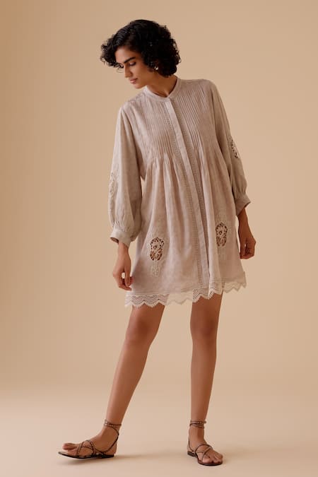 Bunka_Beige Cotton Embroidery Round Neck Designer Short Dress _at_Aza_Fashions