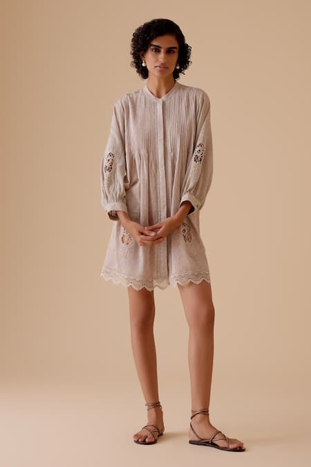 Buy_Bunka_Beige Cotton Embroidery Round Neck Designer Short Dress 