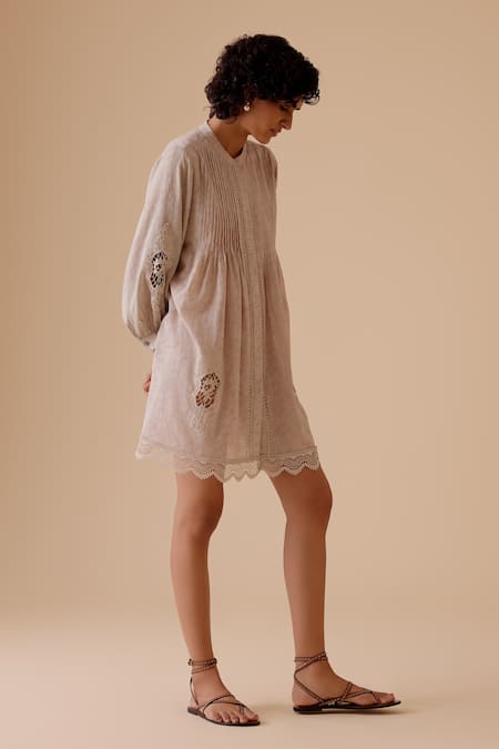 Shop_Bunka_Beige Cotton Embroidery Round Neck Designer Short Dress 