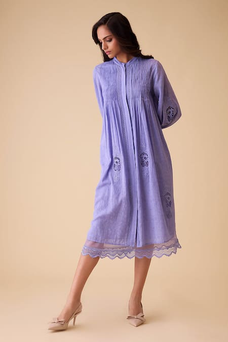 Bunka_Purple Cotton Embroidery Collared Meera Long Lilac Designer Dress _Online_at_Aza_Fashions