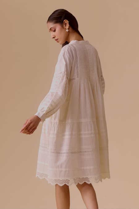 Shop Bunka White Cotton Embroidery V-neck Designer Ivory Short Dress at Aza Fashions Shop_Bunka_White Cotton Embroidery V-neck Designer Ivory Short Dress _at_Aza_Fashions