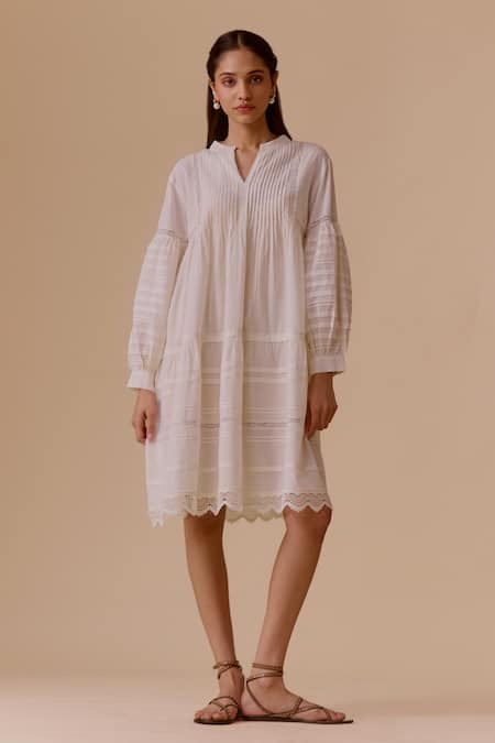 BUNKA White Cotton Embroidery V-neck Designer Ivory Short Dress 