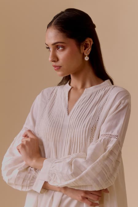 Bunka White Cotton Embroidery V-neck Designer Ivory Short Dress at Aza Fashions Bunka_White Cotton Embroidery V-neck Designer Ivory Short Dress _at_Aza_Fashions