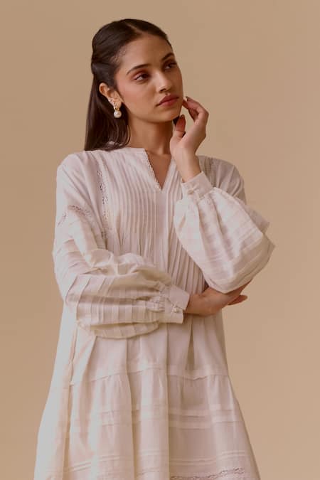 Buy Bunka White Cotton Embroidery V-neck Designer Ivory Short Dress Buy_Bunka_White Cotton Embroidery V-neck Designer Ivory Short Dress