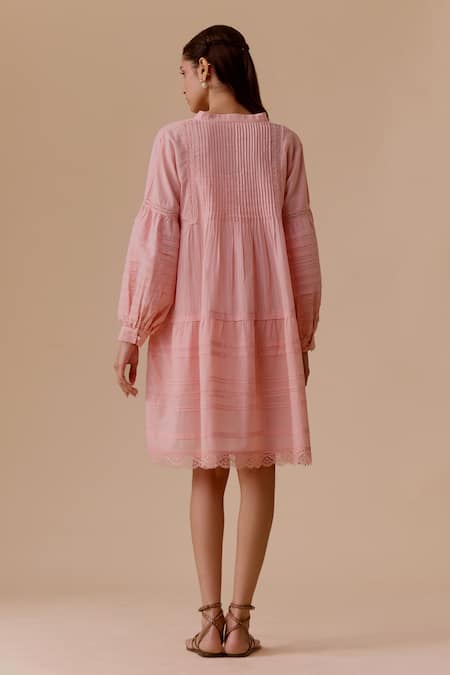 Shop Bunka Pink Cotton Lace Split V-neck Nur Designer Dress at Aza Fashions Shop_Bunka_Pink Cotton Lace Split V-neck Nur Designer Dress _at_Aza_Fashions