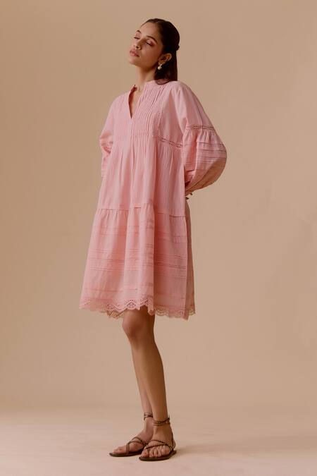 Bunka Pink Cotton Lace Split V-neck Nur Designer Dress Online at Aza Fashions Bunka_Pink Cotton Lace Split V-neck Nur Designer Dress _Online_at_Aza_Fashions