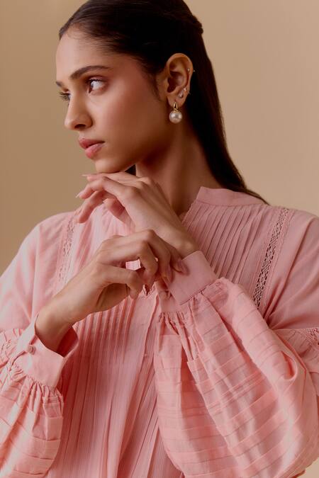 Buy Bunka Pink Cotton Lace Split V-neck Nur Designer Dress Online at Aza Fashions Buy_Bunka_Pink Cotton Lace Split V-neck Nur Designer Dress _Online_at_Aza_Fashions