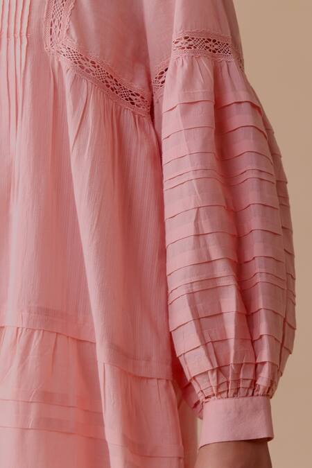 Shop Bunka Pink Cotton Lace Split V-neck Nur Designer Dress Online at Aza Fashions Shop_Bunka_Pink Cotton Lace Split V-neck Nur Designer Dress _Online_at_Aza_Fashions