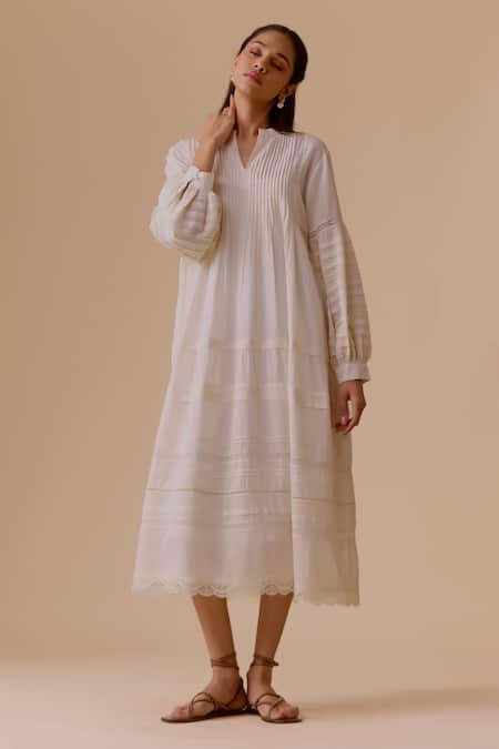 BUNKA White Cotton Embroidery V-neck Nur Long Ivory Dress 