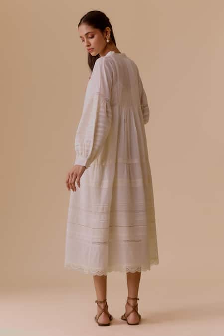 Shop Bunka White Cotton Embroidery V-neck Nur Long Ivory Dress at Aza Fashions Shop_Bunka_White Cotton Embroidery V-neck Nur Long Ivory Dress _at_Aza_Fashions