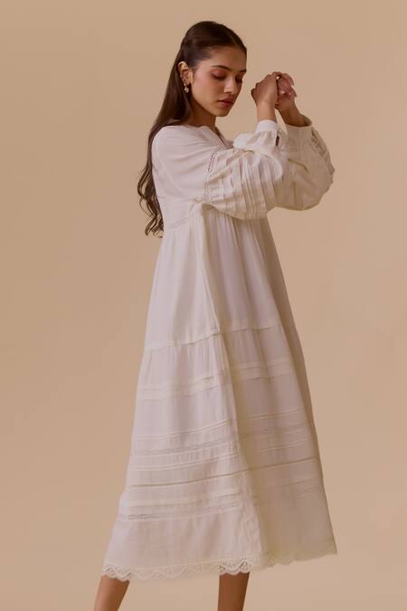 Bunka White Cotton Embroidery V-neck Nur Long Ivory Dress Online at Aza Fashions Bunka_White Cotton Embroidery V-neck Nur Long Ivory Dress _Online_at_Aza_Fashions