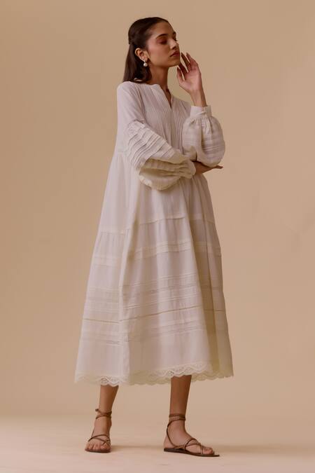 Buy Bunka White Cotton Embroidery V-neck Nur Long Ivory Dress Online at Aza Fashions Buy_Bunka_White Cotton Embroidery V-neck Nur Long Ivory Dress _Online_at_Aza_Fashions