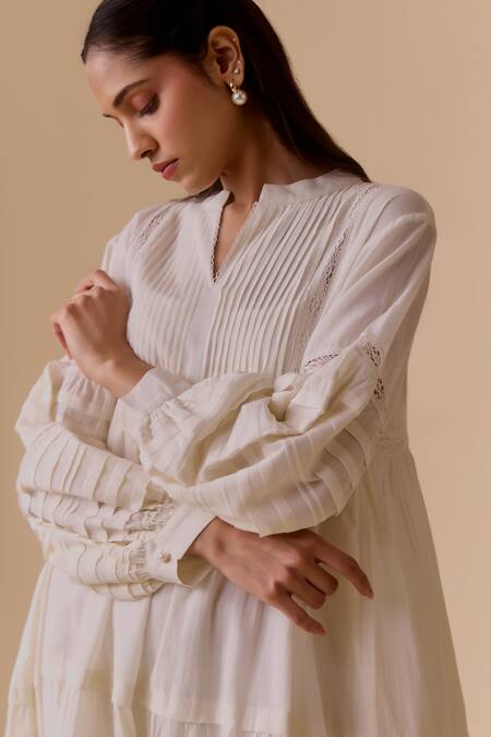 Shop Bunka White Cotton Embroidery V-neck Nur Long Ivory Dress Online at Aza Fashions Shop_Bunka_White Cotton Embroidery V-neck Nur Long Ivory Dress _Online_at_Aza_Fashions