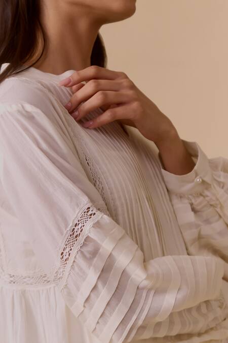 Bunka White Cotton Embroidery V-neck Nur Long Ivory Dress at Aza Fashions Bunka_White Cotton Embroidery V-neck Nur Long Ivory Dress _at_Aza_Fashions