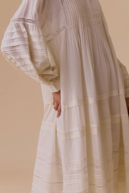 Buy Bunka White Cotton Embroidery V-neck Nur Long Ivory Dress Buy_Bunka_White Cotton Embroidery V-neck Nur Long Ivory Dress