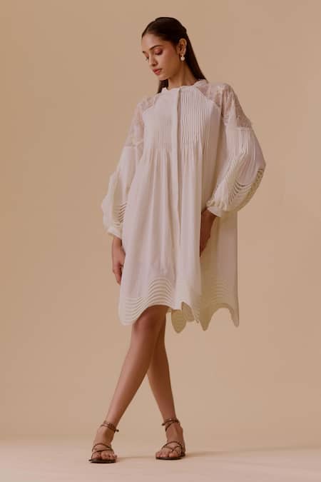 BUNKA White Cotton Embroidery Round Neck Designer Ivory Dress With Belt 