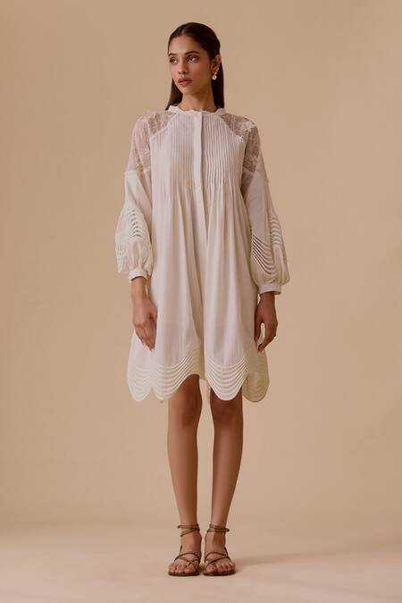 Buy Bunka White Cotton Embroidery Round Neck Designer Ivory Dress With Belt Online at Aza Fashions Buy_Bunka_White Cotton Embroidery Round Neck Designer Ivory Dress With Belt _Online_at_Aza_Fashions