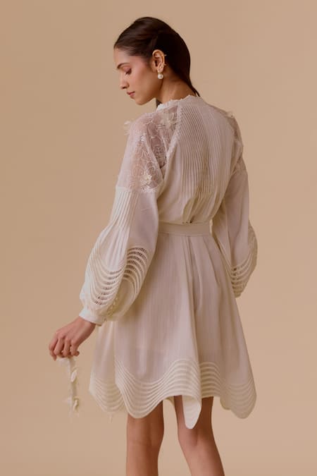 Shop Bunka White Cotton Embroidery Round Neck Designer Ivory Dress With Belt at Aza Fashions Shop_Bunka_White Cotton Embroidery Round Neck Designer Ivory Dress With Belt _at_Aza_Fashions