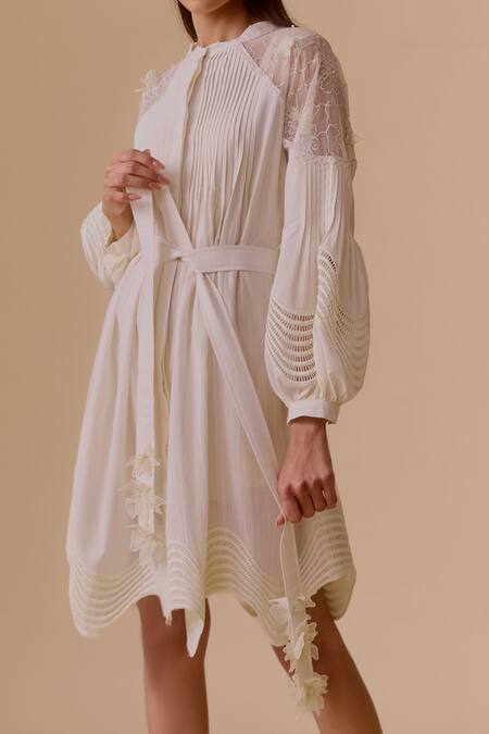Shop Bunka White Cotton Embroidery Round Neck Designer Ivory Dress With Belt Online at Aza Fashions Shop_Bunka_White Cotton Embroidery Round Neck Designer Ivory Dress With Belt _Online_at_Aza_Fashions