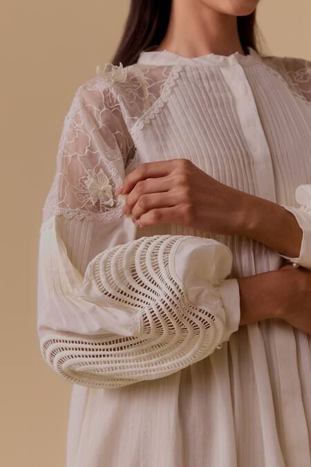 Bunka White Cotton Embroidery Round Neck Designer Ivory Dress With Belt at Aza Fashions Bunka_White Cotton Embroidery Round Neck Designer Ivory Dress With Belt _at_Aza_Fashions