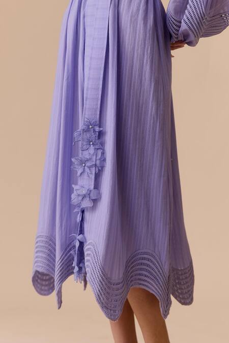 Bunka_Purple Cotton Applique Split V-neck Lilac Designer Midi Dress With Belt _Online_at_Aza_Fashions