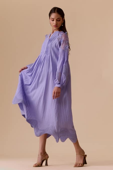 BUNKA Purple Cotton Applique Split V-neck Lilac Designer Midi Dress With Belt 