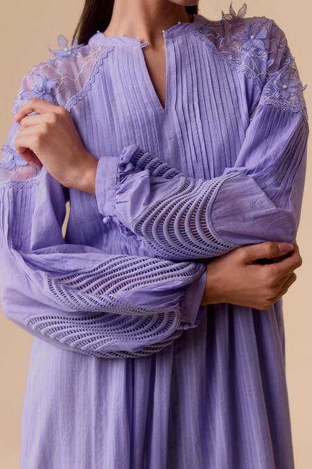 Buy_Bunka_Purple Cotton Applique Split V-neck Lilac Designer Midi Dress With Belt _Online_at_Aza_Fashions