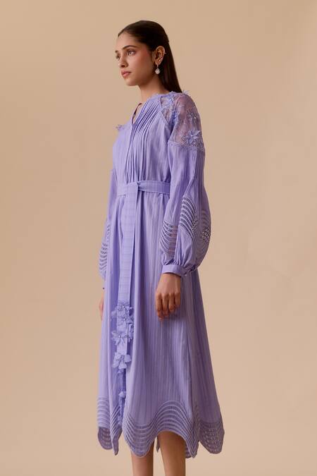 Shop_Bunka_Purple Cotton Applique Split V-neck Lilac Designer Midi Dress With Belt _Online_at_Aza_Fashions