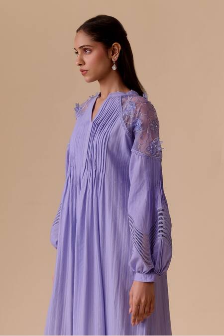 Bunka_Purple Cotton Applique Split V-neck Lilac Designer Midi Dress With Belt _at_Aza_Fashions