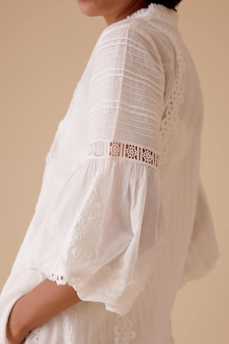 Bunka_White Cotton Lace Mandarin Collar Ivory Cecile Tunic Kurta Set _Online_at_Aza_Fashions