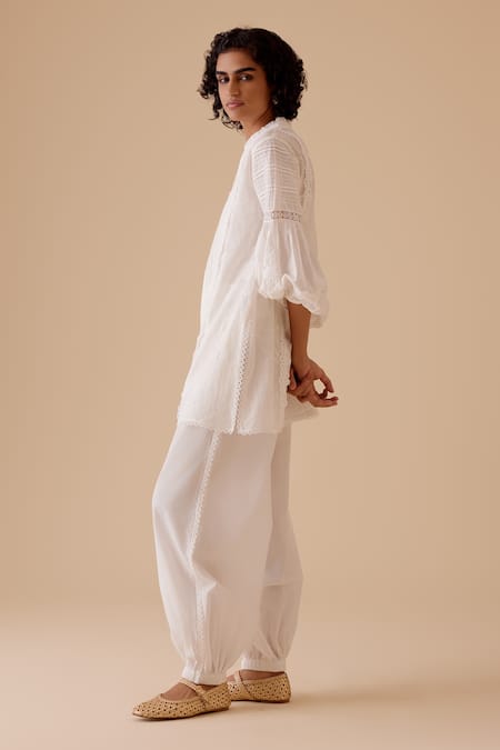 Buy_Bunka_White Cotton Lace Mandarin Collar Ivory Cecile Tunic Kurta Set _Online_at_Aza_Fashions