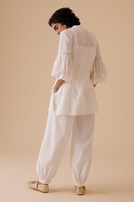 Shop_Bunka_White Cotton Lace Mandarin Collar Ivory Cecile Tunic Kurta Set _at_Aza_Fashions