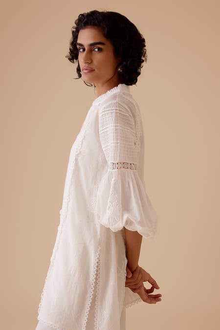 Shop_Bunka_White Cotton Lace Mandarin Collar Ivory Cecile Tunic Kurta Set _Online_at_Aza_Fashions