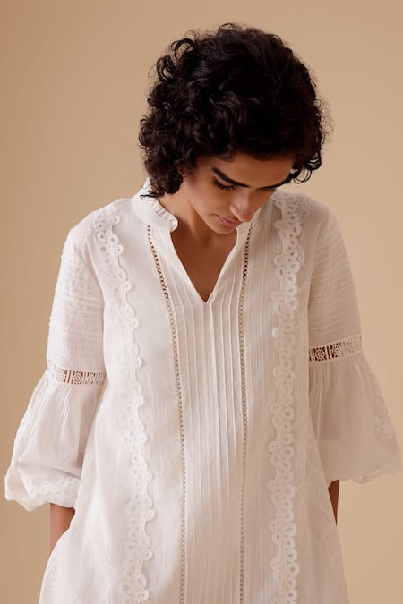 Bunka_White Cotton Lace Mandarin Collar Ivory Cecile Tunic Kurta Set _at_Aza_Fashions