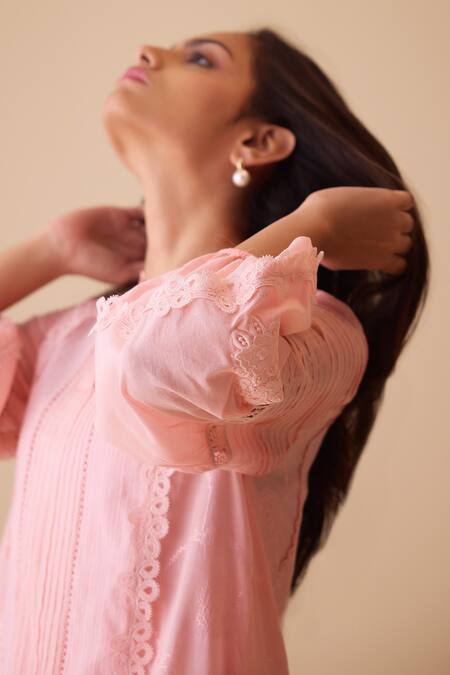 Bunka_Pink Cotton Lace Mandarin Collar Cecile Tunic Set _Online_at_Aza_Fashions