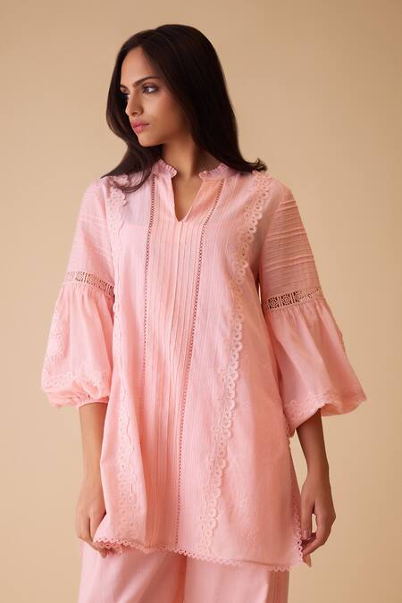 Shop_Bunka_Pink Cotton Lace Mandarin Collar Cecile Tunic Set _Online_at_Aza_Fashions