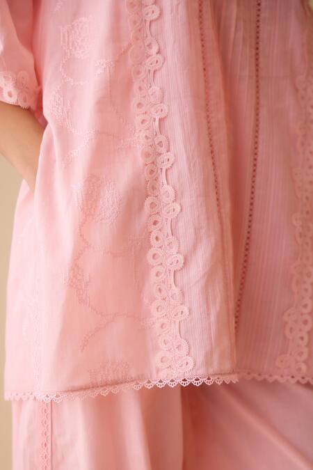 Bunka_Pink Cotton Lace Mandarin Collar Cecile Tunic Set _at_Aza_Fashions