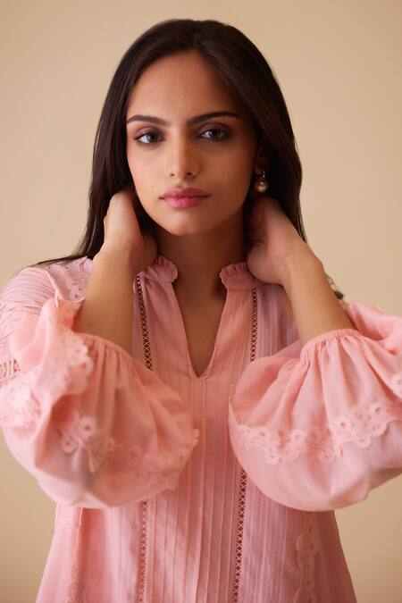 Buy_Bunka_Pink Cotton Lace Mandarin Collar Cecile Tunic Set 