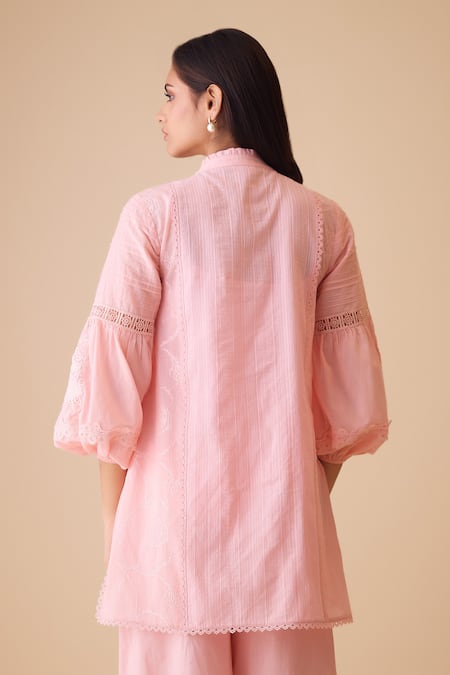 Shop_Bunka_Pink Cotton Lace Mandarin Collar Cecile Tunic Set _at_Aza_Fashions