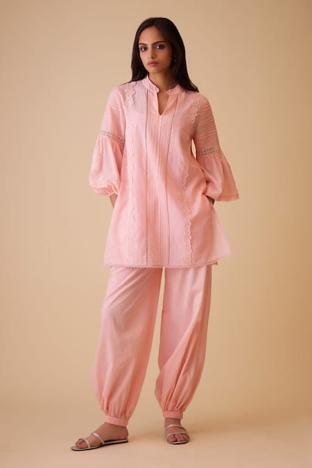 BUNKA Pink Cotton Embroidery Cecile Harem Pants 