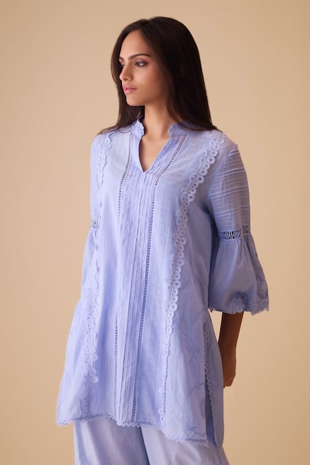 Bunka_Blue Cotton Lace Split V-neck Cecile Tunic Set _Online_at_Aza_Fashions