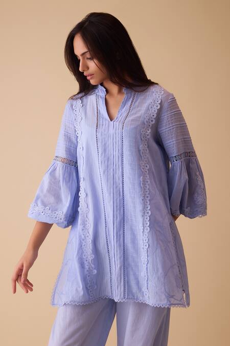 Buy_Bunka_Blue Cotton Lace Split V-neck Cecile Tunic Set _Online_at_Aza_Fashions