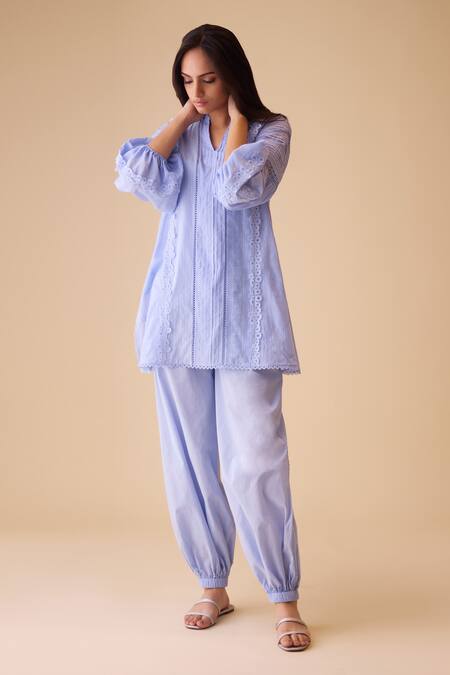 Shop_Bunka_Blue Cotton Lace Split V-neck Cecile Tunic Set _Online_at_Aza_Fashions