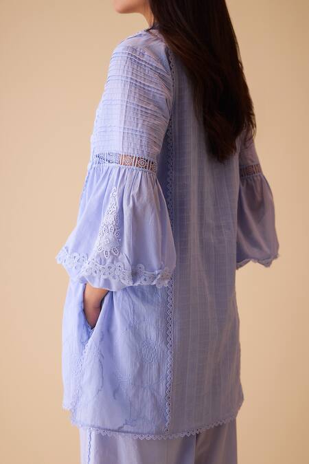 Bunka_Blue Cotton Lace Split V-neck Cecile Tunic Set _at_Aza_Fashions