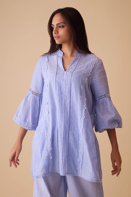 Buy_Bunka_Blue Cotton Lace Split V-neck Cecile Tunic Set 