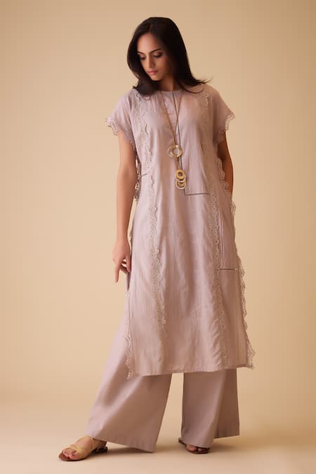 BUNKA Beige Cotton Lace Round Neck Delna Designer Kurta 